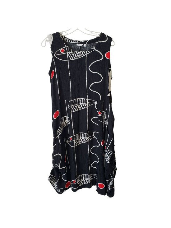 Kaktus Dresses & Skirts - Kaktus Black White Red Fish Print Lagenlook Midi Dress S Boho Art to Wear